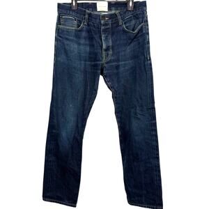 True To Cast Mens Dark Wash Distressed Button Fly Straight Leg Jeans sz 34 x 32